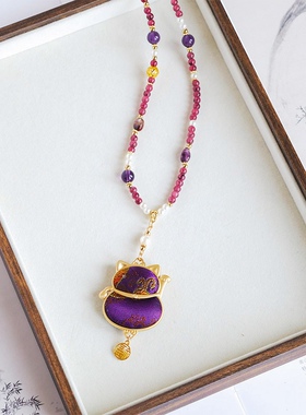 国风仿宋锦招财猫古典紫色新中式璎珞古风汉服项链福牌百搭颈配饰