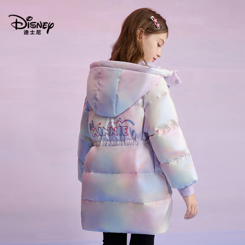 disney迪士尼女童羽绒服冬季加厚连帽炫彩外套中长款洋气保暖上衣