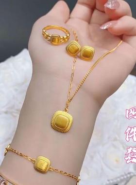 订婚道具仿真三金摆沙金首饰套装五件套古法传承手镯五金一钻套装