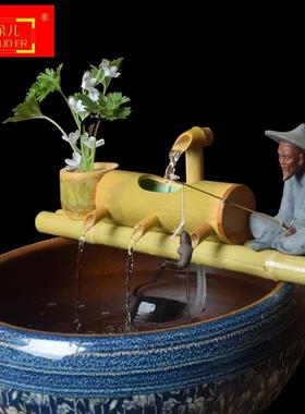 竹子流水竹筒流水器鱼缸石槽鱼池装饰陶瓷造景摆件过滤器养鱼制氧