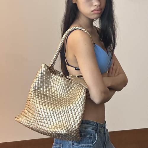 枪枪同款中号香槟色手工编织托特包小个子大容量腋下单肩购物袋包 - 图2