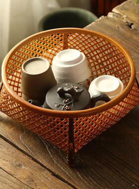 竹编大漆零食筐小果盘茶点盘中式