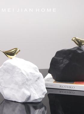 新中式创意摆件样板间玄关靠山石小鸟雕塑酒店客厅售楼处软装饰品