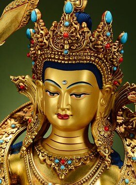 精选闯隆藏式家居摆件铜鎏金《文殊菩萨》铜像室内桌面雕花工艺装