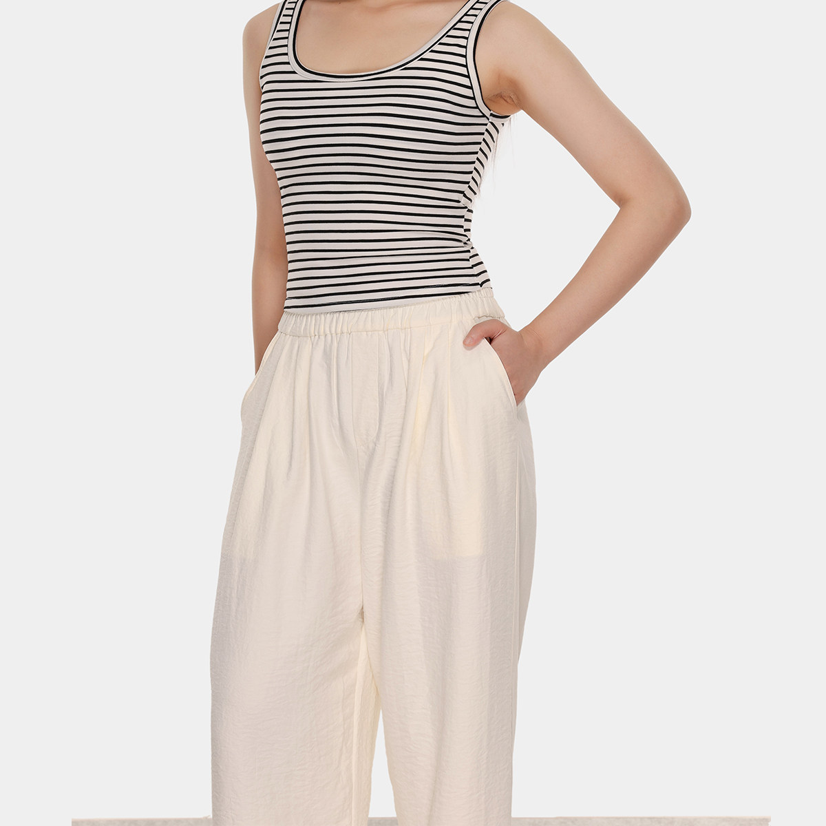 ROSEPLUS米白色休闲运动直筒阔腿裤女夏季薄款大码宽松垂感长裤子,淘宝优惠券,粉丝福利购,淘宝优惠卷