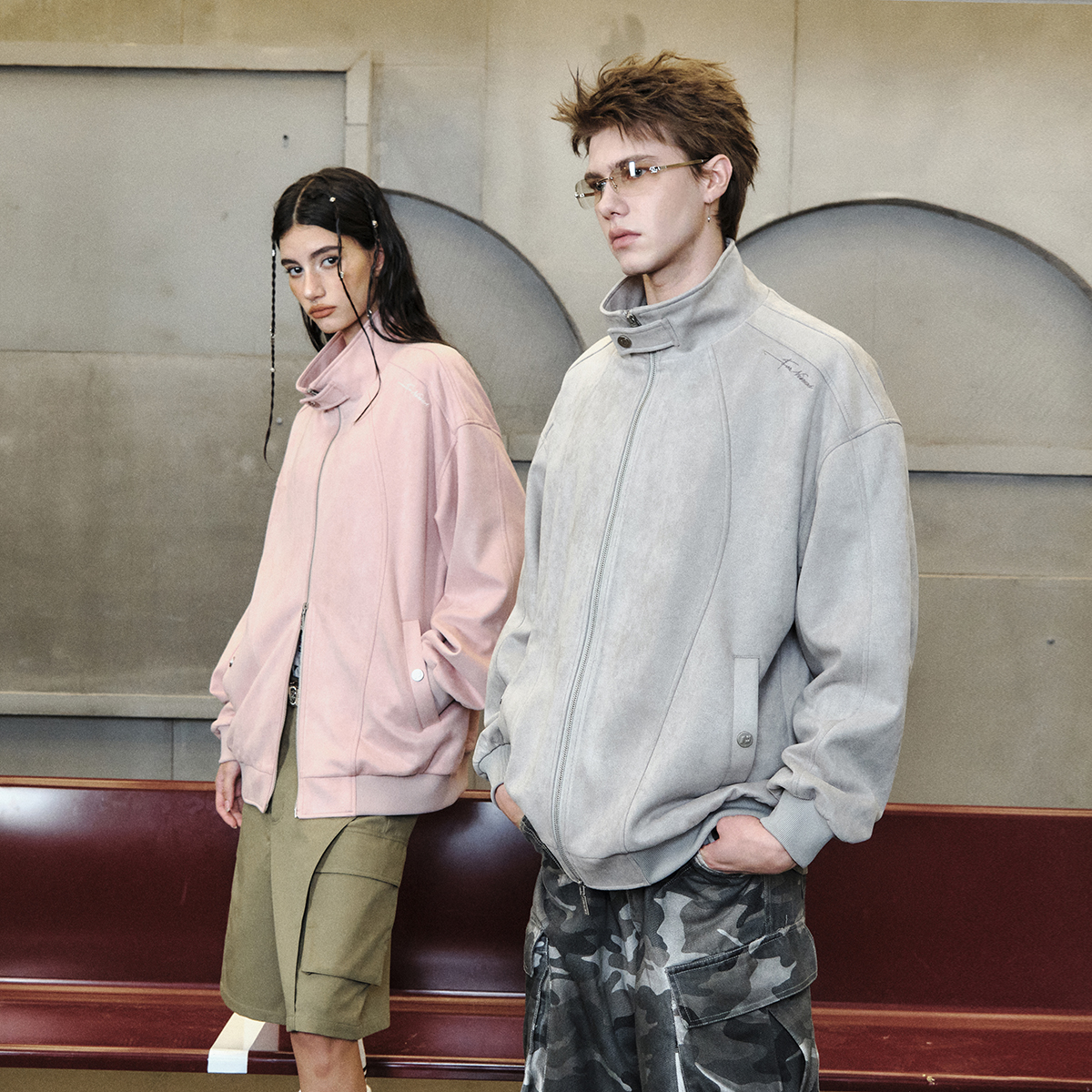 FORNINES复古麂皮绒刺绣开衫外套男潮牌美式高街春秋情侣立领夹克 - 图0