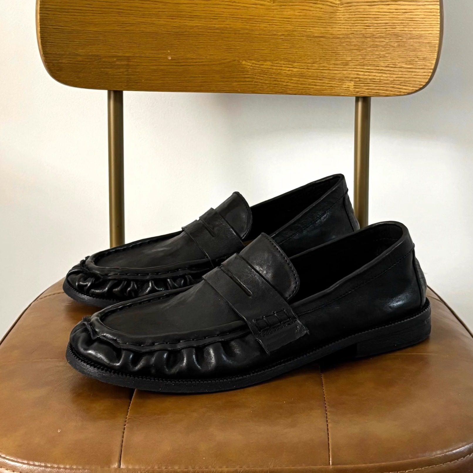 复古做旧粗跟乐福鞋男女擦色德比鞋褶皱休闲皮鞋一脚蹬懒人豆豆鞋,淘宝优惠券,粉丝福利购,淘宝优惠卷