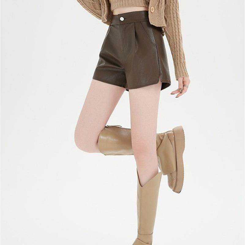 韩系甜美温柔风气质咖色高腰PU皮裤女秋新款时尚百搭遮肉显瘦短裤,淘宝优惠券,粉丝福利购,淘宝优惠卷