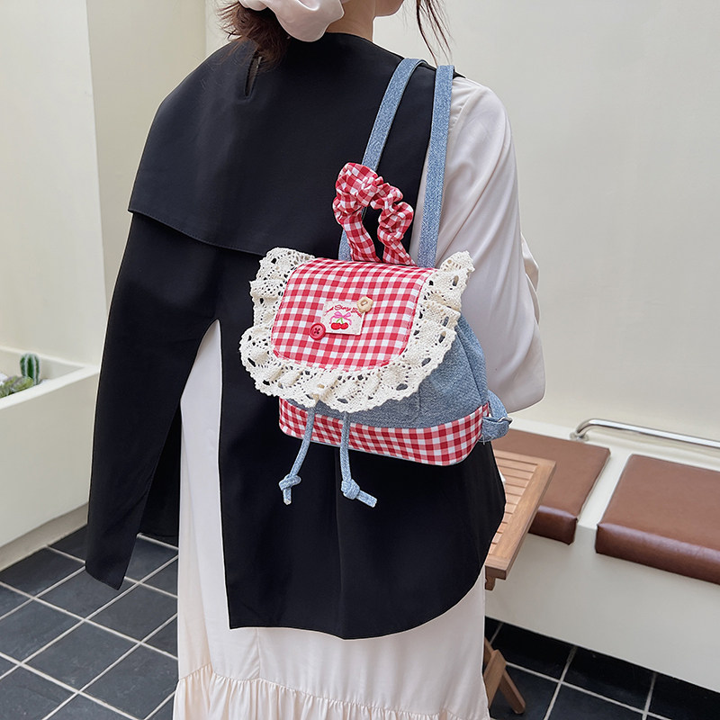 时尚可爱少女风迷你包包女2025年新款甜美高级感蕾丝边格子双肩包,淘宝优惠券,粉丝福利购,淘宝优惠卷