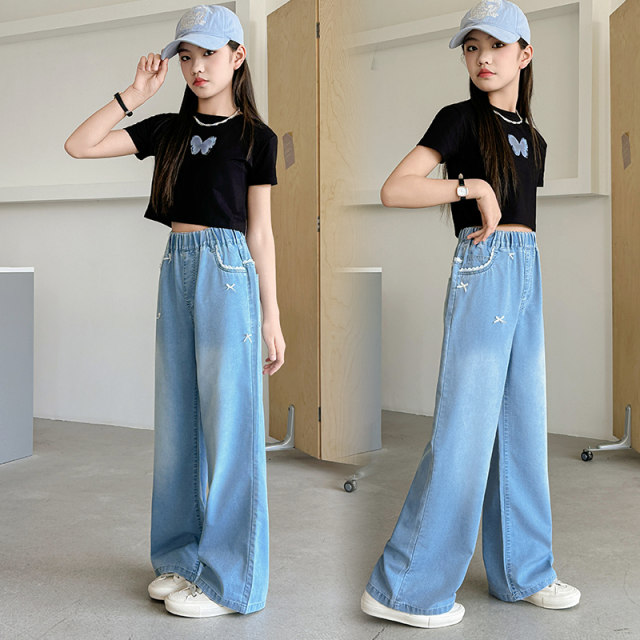 ເດັກຍິງ elastic waist bow denim pants ຂາກ້ວາງ