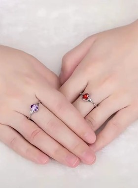 S925纯银镶嵌酒红石榴石戒指女人玉石紫水晶开口指环戒指饰品礼物