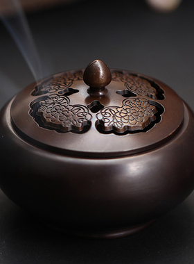 中式仿古紫铜牡丹香薰炉茶道摆件