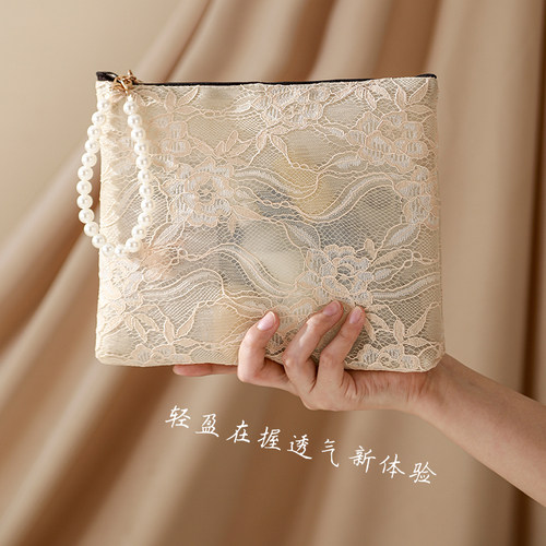 国风蕾丝洗漱包珍珠拉链化妆包轻便精致口红包新款零钱包收纳小包 - 图2