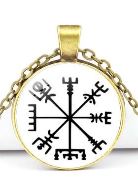 新款维京罗盘时光宝石吊坠项链战士符号符文护身符长款毛衣链饰品