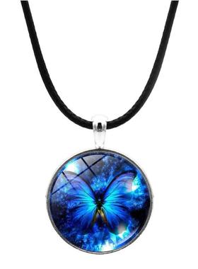 新款蓝色蝴蝶时光宝石吊坠项链男女百搭跨境欧美饰品复古毛衣链饰
