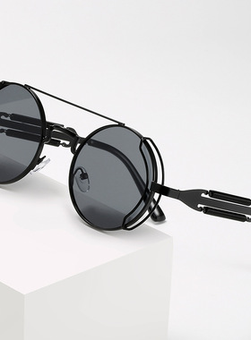 末日废土风格超酷红色太阳眼镜蒸汽朋克圆形金属未来感太阳眼镜