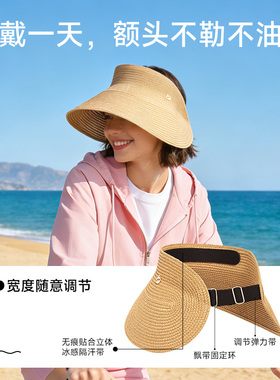 棵柚防晒草帽女士海边沙滩遮阳户外可折叠防紫外线编织空顶大帽檐