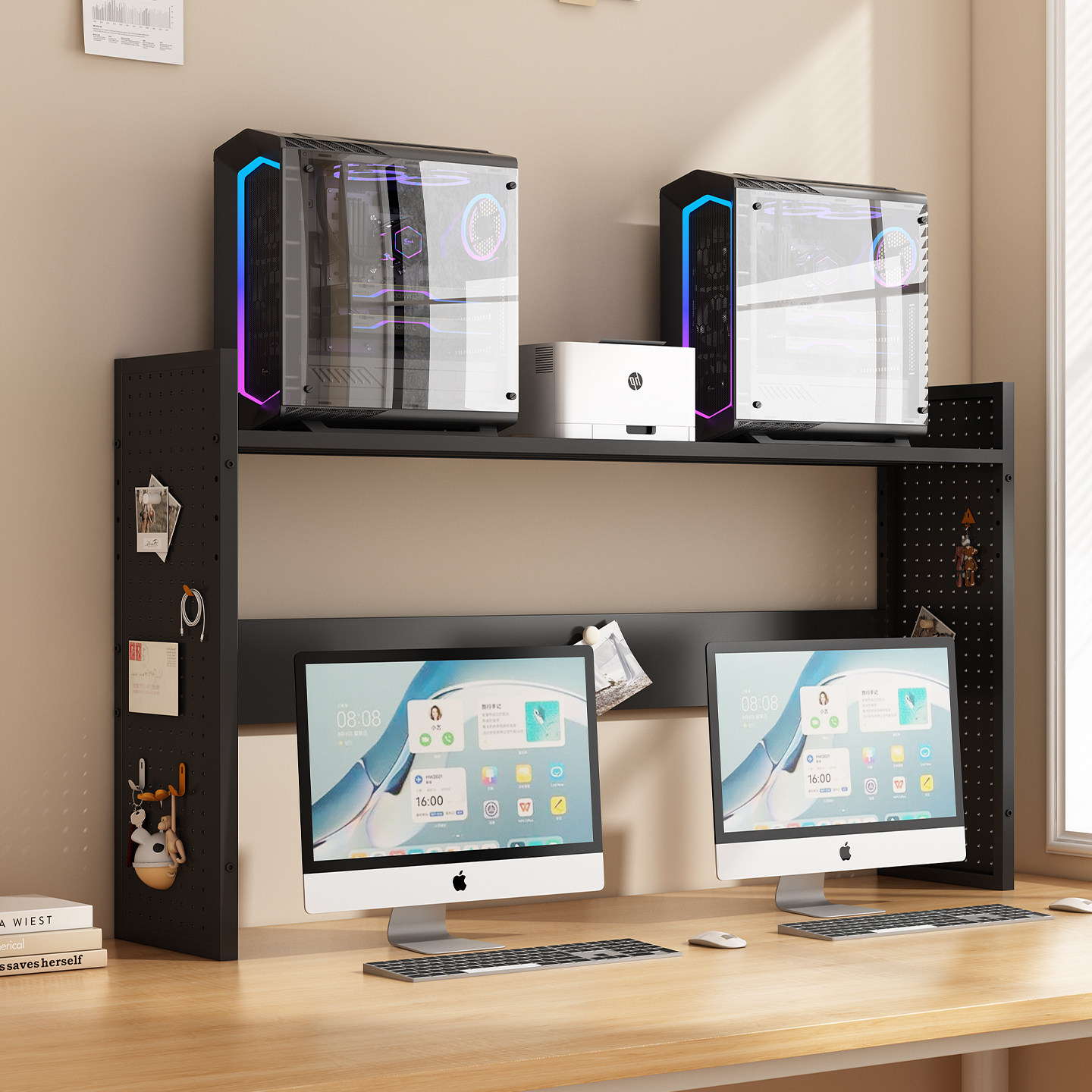 Desktop double-layer metal perforated board host storage rack