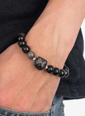 醒狮手串潮流貔貅招财手链天然黑曜石鹰眼石百搭送男友虎眼石活力