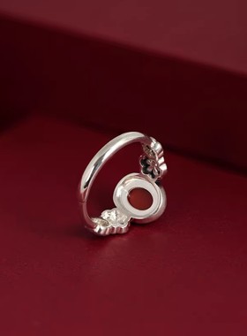 925银复古新中式景泰蓝花朵蛋面南红戒指环开口调节小众设计百搭