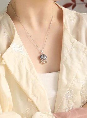 925银复古新中式复古长命锁福字吊坠项链精致做旧民族风小众设计