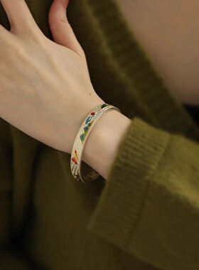 925银复古新中式祥云蝴蝶珐琅开口可调节手镯女百搭民族小众设计