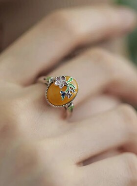 925银复古新中式蜜蜡蛋面烧蓝桃花戒指环开口调节小众百搭精致女