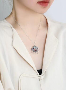 925银复古新中式珐琅如意长命锁吊坠挂件项链民族风小众设计女士