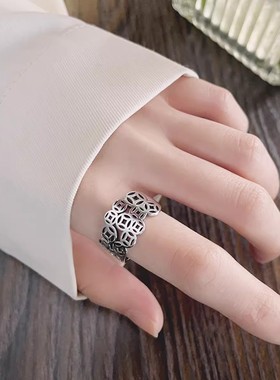 925银复古新中式多层镂空铜钱币戒指环开口调节做旧民族风女小众