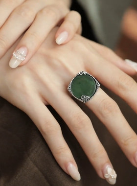 925银复古新中式和田碧玉圆牌祥云戒指环开口调节小众设计高级感