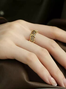 925银复古新中式古金唐草纹交叉戒指环开口调节女小众设计高级感