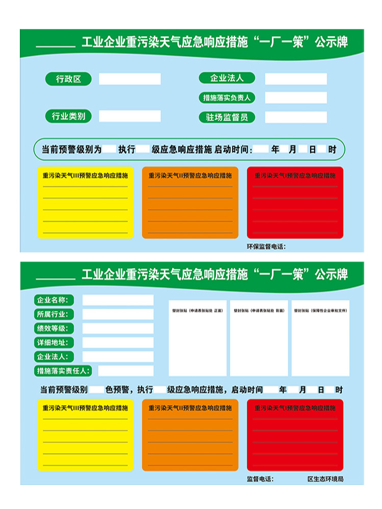 工厂一厂一策公示牌环境保护标识贴纸企业重污染天气应急警示牌展