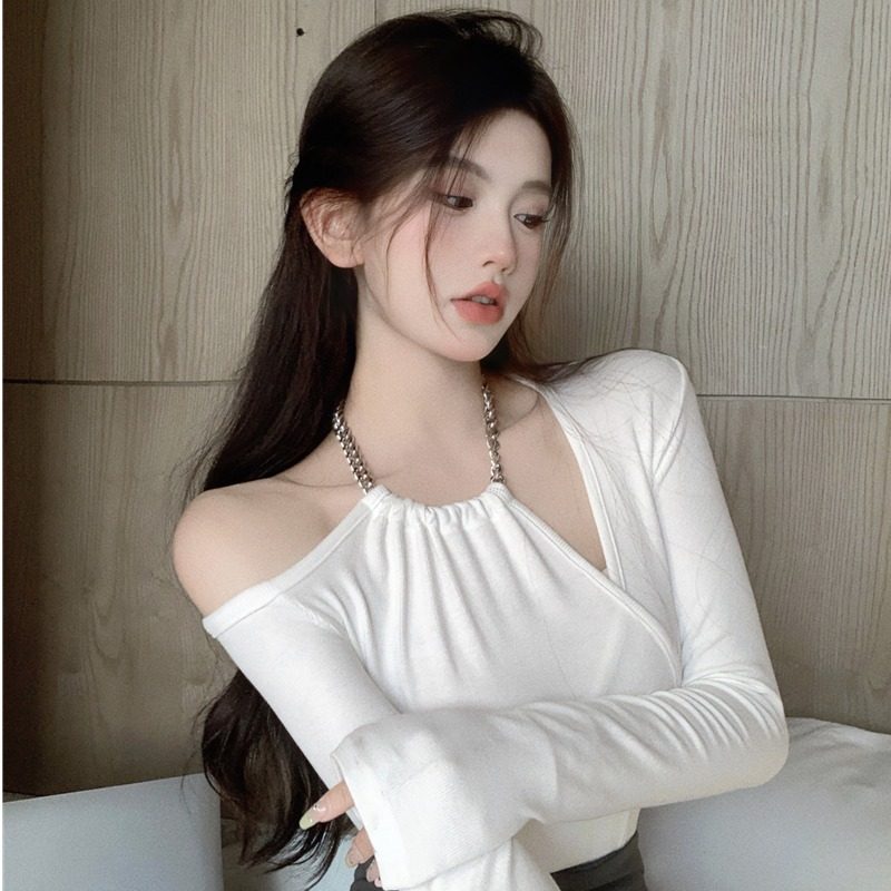 露肩链条挂脖气质百搭显瘦长袖上衣女纯色T恤,淘宝优惠券,粉丝福利购,淘宝优惠卷
