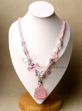 佛牌链子九尾吊坠天然粉晶双尖闪灵水晶链6mm长60狐狸毛衣链女