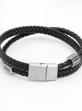 磁吸扣手錬男高级感黑色皮质编织手绳男生小众设计嘻哈潮情侣学生