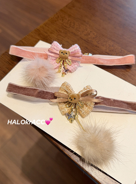HALOkrACC韩国进口s水晶蝴蝶毛呢蝴蝶结领结小熊可爱毛球颈链项链