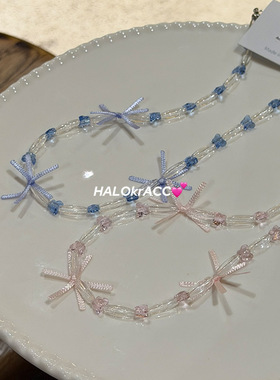 HALOkrACC韩代 冰透粉蓝蝴蝶烟花丝带间隔串珠颈链项链