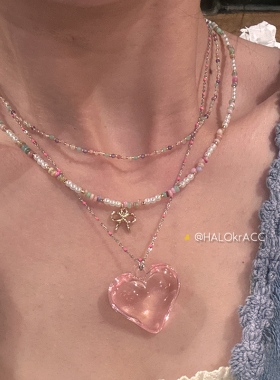 HALOkrACC韩代 粉绿糖豆奶糖小清新金色小蝴蝶结雾紫串珠项链