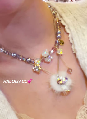 HALOkrACC韩代s水晶 椰果小熊高贵暗紫色毛球月亮项链