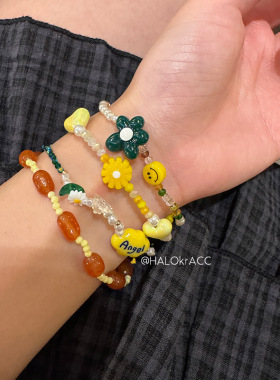 HALOkrACC韩代 青草鲜柠撞苔 夏日焦糖绿奶油花朵angel串珠手链