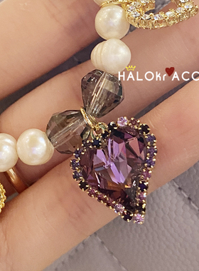 HALOkrACC韩国紫黑水晶歪心项链