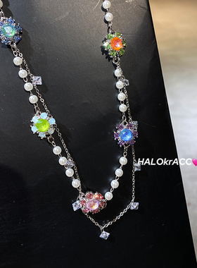 HALOkrACC韩代s水晶 五色海洋糖果俏皮搭配珠钻镶嵌流苏项链颈链