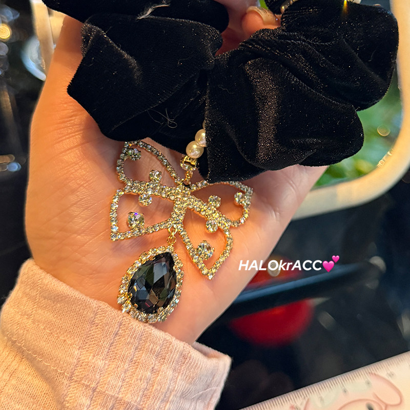 HALOkrACC韩国进口 精工设计 闪白钻蝴蝶吊坠黑丝绒大肠发圈发绳,淘宝优惠券,粉丝福利购,淘宝优惠卷