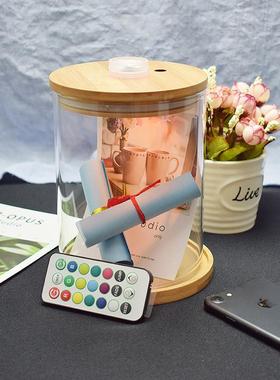 春泓创意鱼缸圆柱斗鱼缸小型竹盖带灯微景观瓶款生活缸有开关观