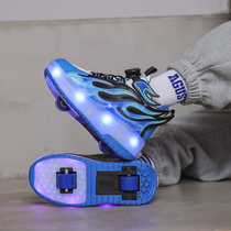 Storm Walking Shoes Men And Women Spring New Kids Pulleys Sneakers Women Wheels Skating Shoes Double Wheels Cool Multiple Light Students