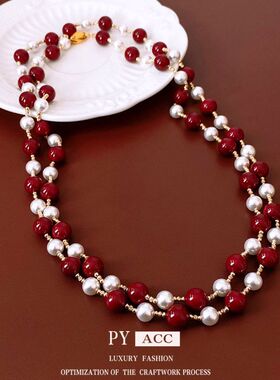 串珠高级感红色vintage毛衣链