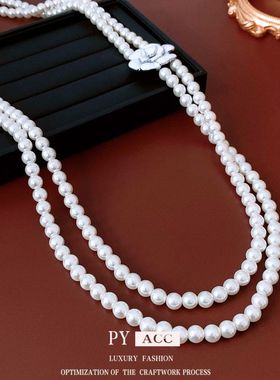 双层串珠花朵项饰中古项链精致珍珠玻璃时尚宫廷风毛衣链吊坠休闲