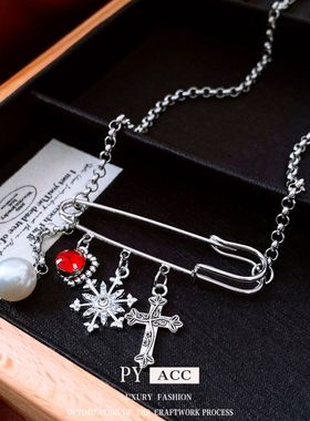 十字架别针欧美百搭项链风个性毛衣链珍珠镶钻时尚潮流项饰甜酷女