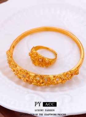 花朵中古小众手饰设计感女vintage沙金手环古法轻奢戒指镶钻手镯