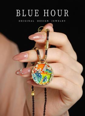 Blue hour古法烧蓝千里江山吊坠七夕节珐琅雕刻项链纯银国风编绳